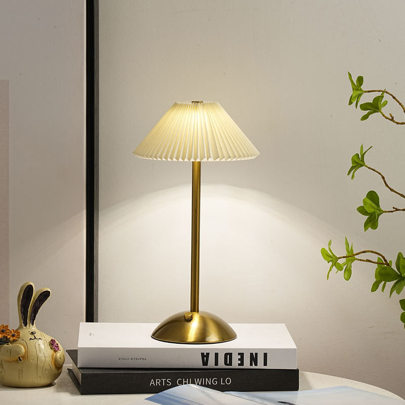 BowLift | Contemporary Scandinavian rechargeable iron fabric cone pleated LED table lamp for bedside