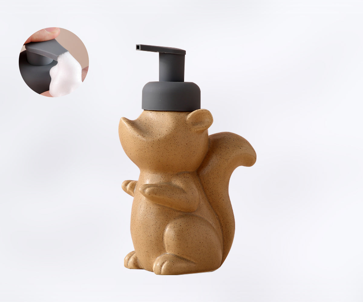BowLift | Ceramic Soap Dispenser, Squirrel Foam Pump Bathroom Bottle, Animal Design, Refillable Reusable Lotion Pump for Bathroom Kitchen, 510ml/17.2oz