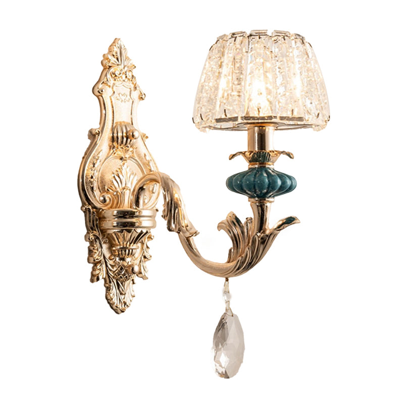 BowLift | Gold Small Drum Wall Mount Lighting Traditional Etched Crystal 1/2-Bulb Bedroom Wall Lamp Fixture