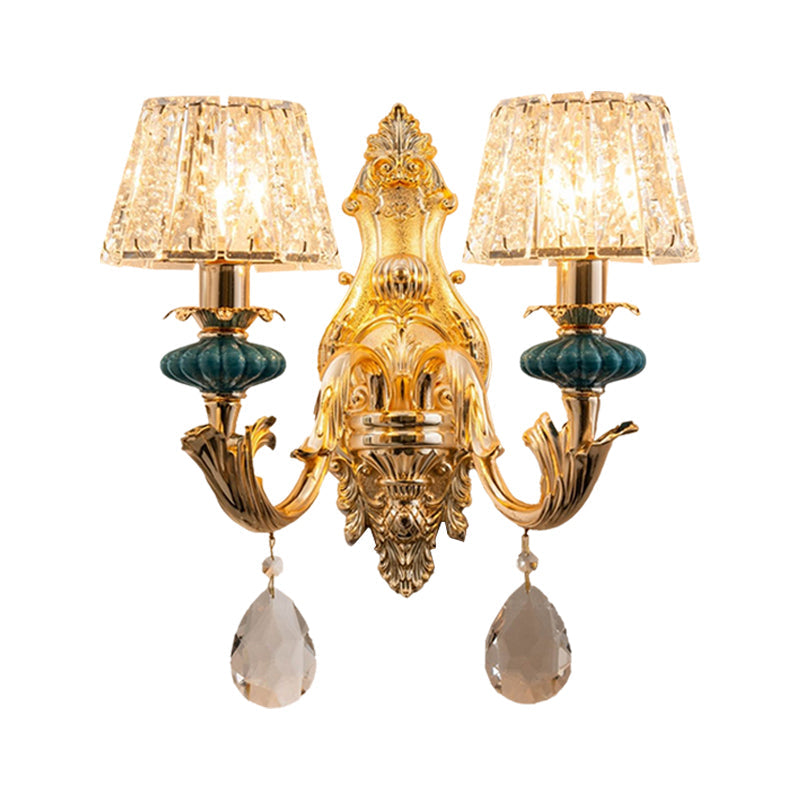 BowLift | Gold Small Drum Wall Mount Lighting Traditional Etched Crystal 1/2-Bulb Bedroom Wall Lamp Fixture