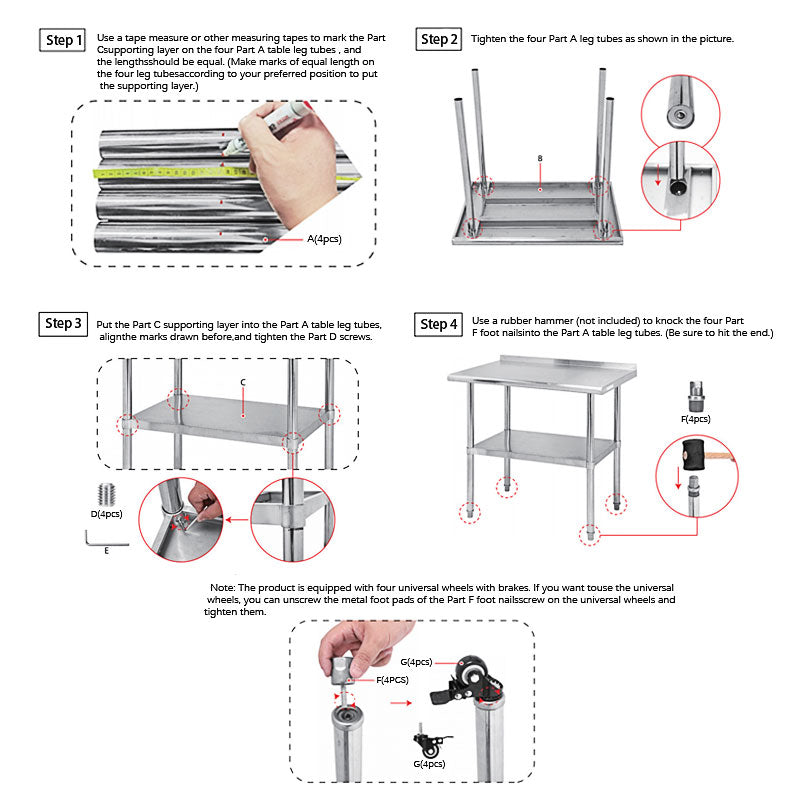BowLift | Stainless Steel Preparation Counter, Double Kitchen Countertop, Catering Equipment, Round Foot Adjustment Worktop