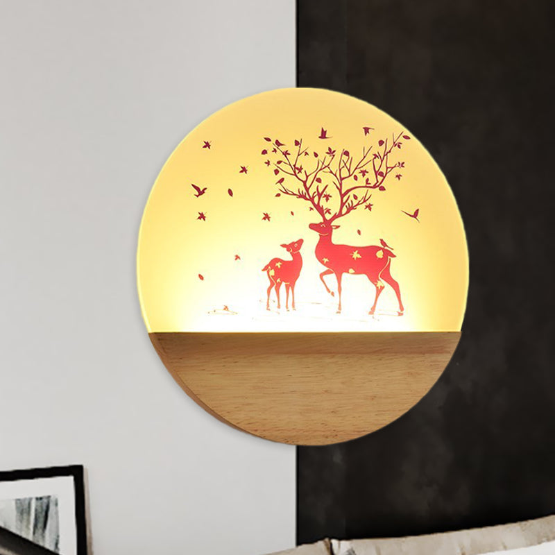 BowLift | LED Bedroom Wall Mounted Wall Lamp Nordic Wood Wall Light with Deer/Bird Pattern Round Acrylic Shade