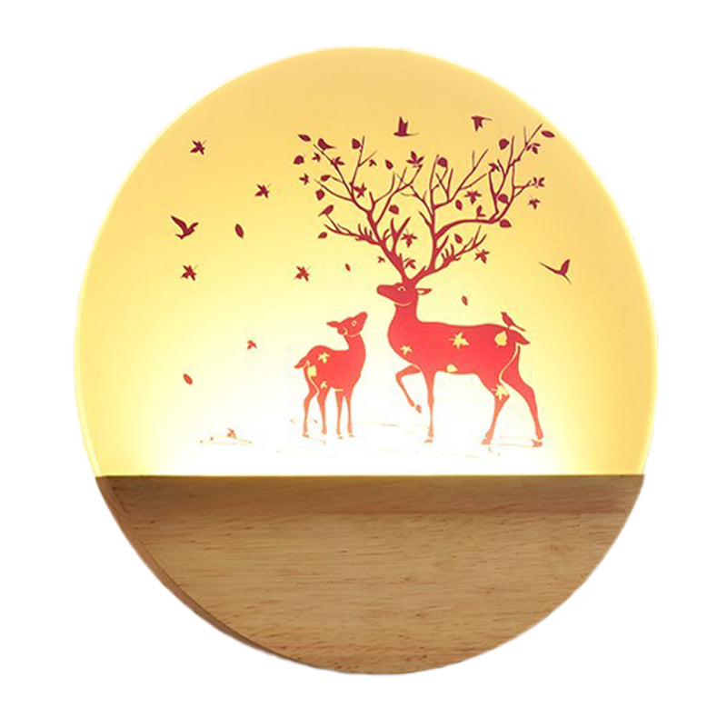 BowLift | LED Bedroom Wall Mounted Wall Lamp Nordic Wood Wall Light with Deer/Bird Pattern Round Acrylic Shade