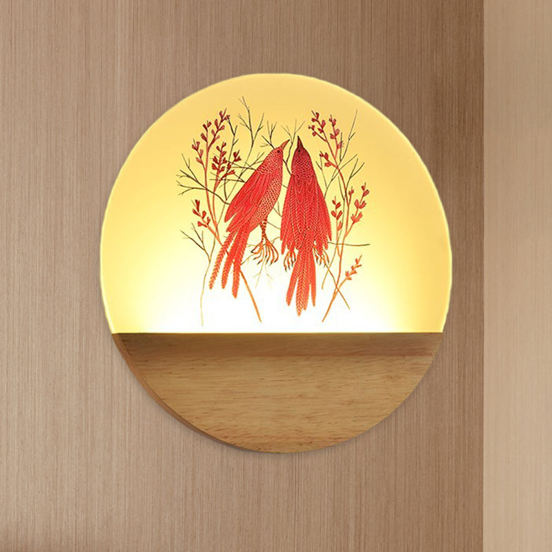 BowLift | LED Bedroom Wall Mounted Wall Lamp Nordic Wood Wall Light with Deer/Bird Pattern Round Acrylic Shade