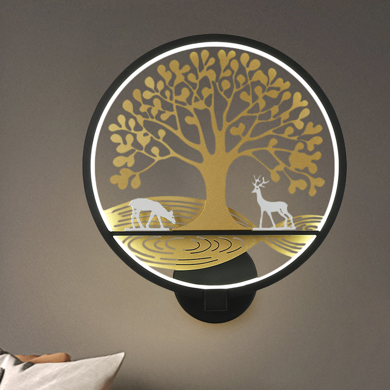 BowLift | Black/White Round Tree Wall-Mounted Lamp Postmodern LED Metal Wall Light for Nightstand, Warm/White Light