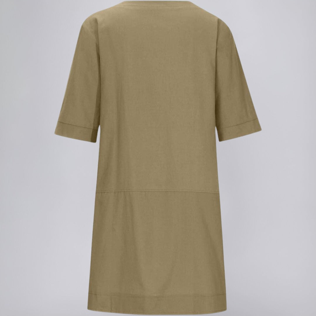 Knee-Length Linen Dress with Chest Pocket