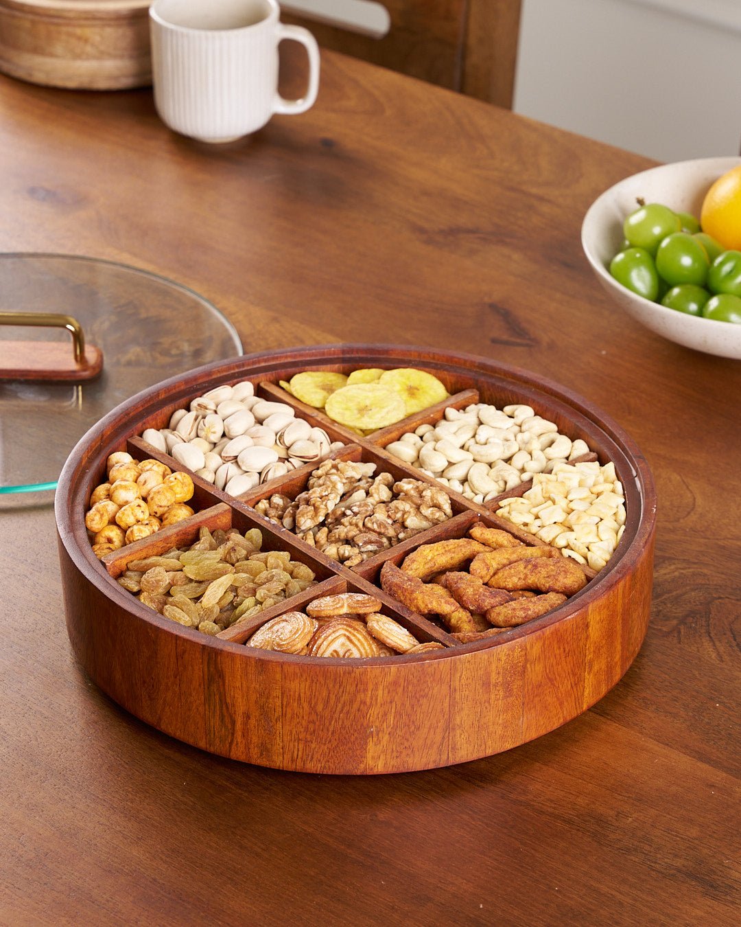 BowLift | BambooSpin – 9-Compartment Serving Tray with Rotating Lid | Premium Bamboo Snack Platter
