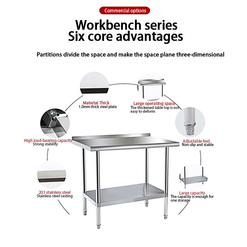 BowLift | Stainless Steel Preparation Counter, Double Kitchen Countertop, Catering Equipment, Round Foot Adjustment Worktop