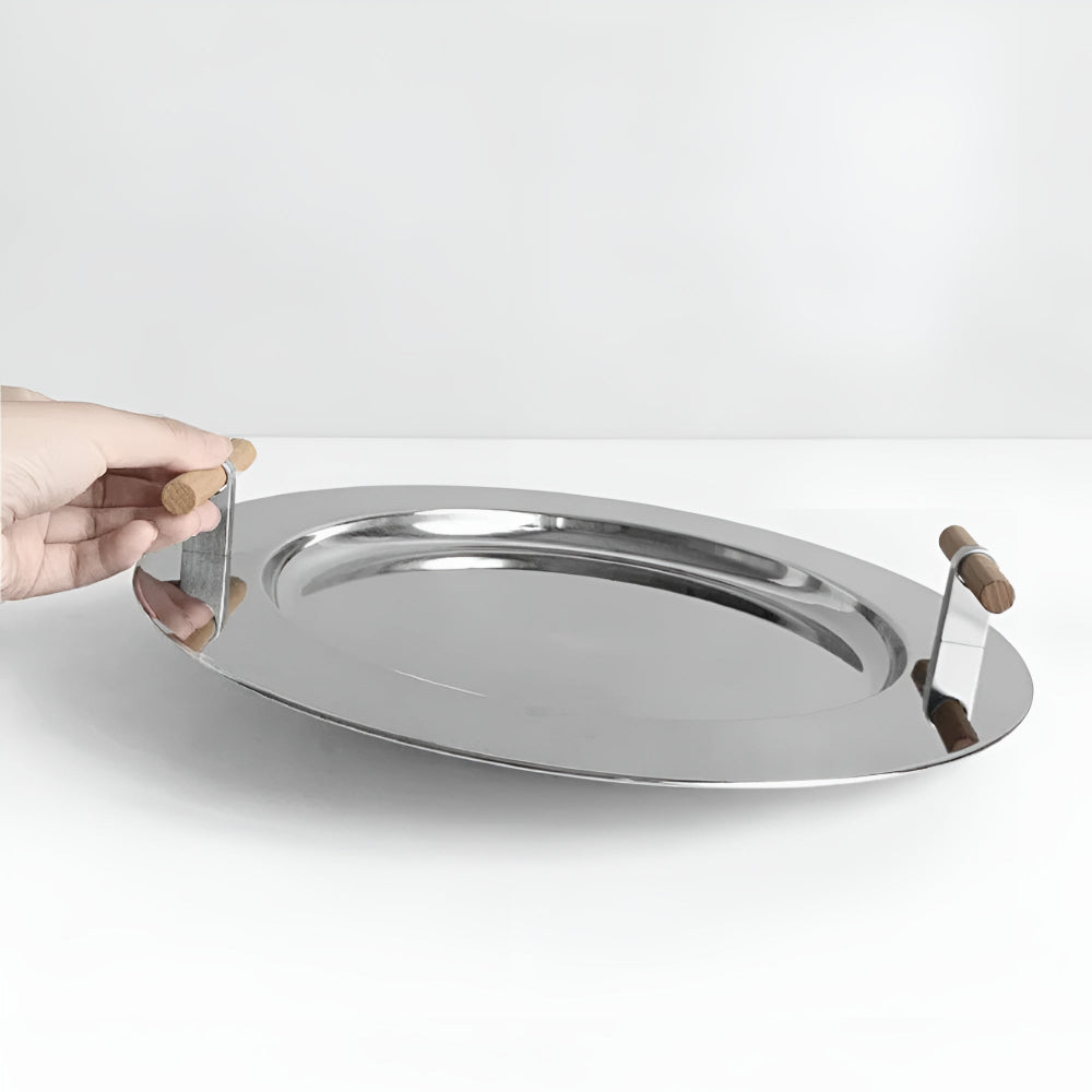 BowLift | Elegant Stainless Steel Round Tray with Wooden Handles