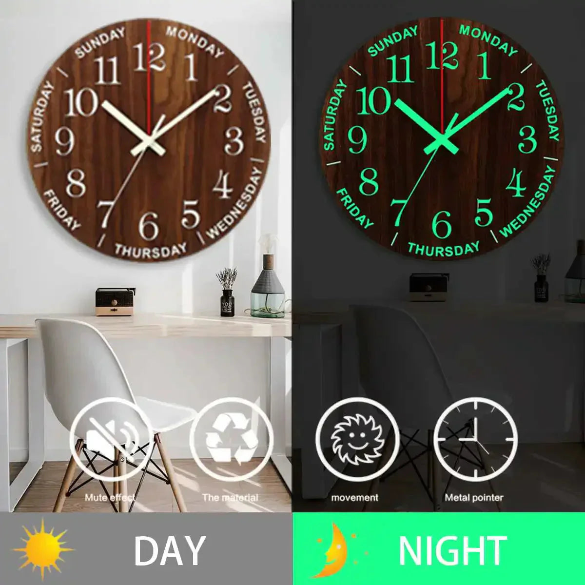 BowLift | Glowtic Illuminating Wall Clock | Wood Design | Silent | Night Light | Nordic Style | Gift Idea