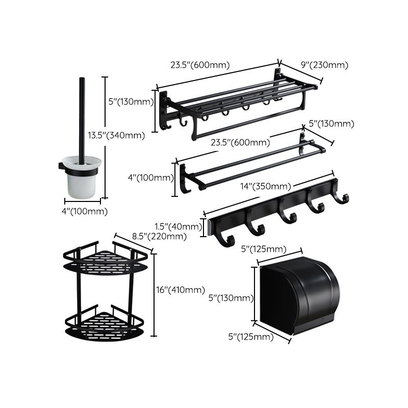 BowLift | 6-piece modern bathroom hardware set in matte black with bathroom shelf/towel holder & bathrobe hooks