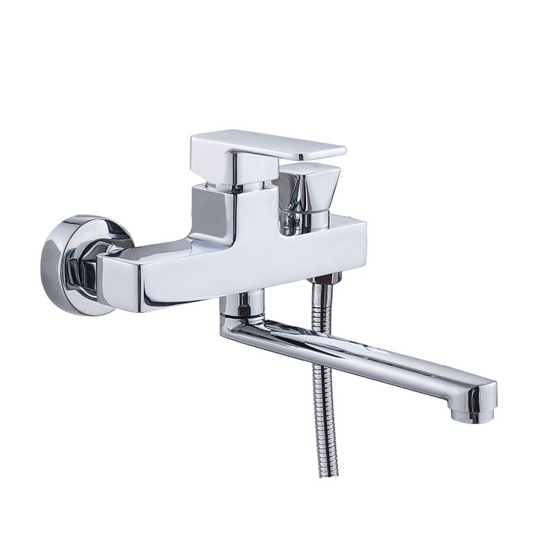 BowLift | Chrome polished bathroom faucet wall-mounted with swivel spout and hand shower