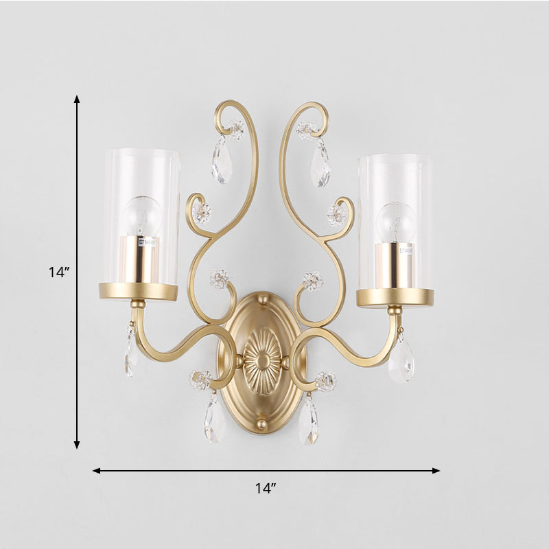 BowLift | Cylinder Clear Glass Wall Light Wall Lamp Contemporary 1/2 Heads Bedroom Wall Mounted Lamp in Gold