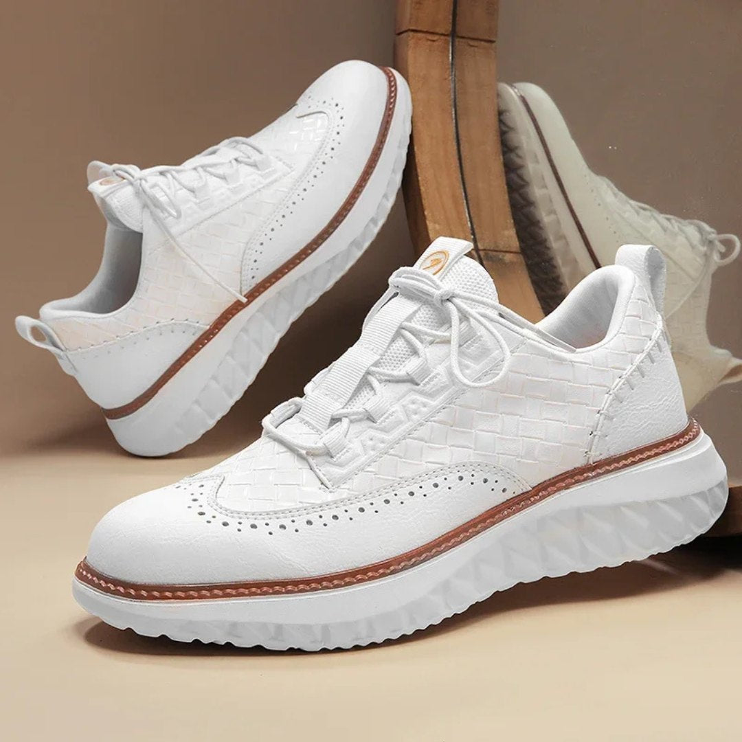 Woven Leather Sneakers with Brogue Detailing and Contrast Sole