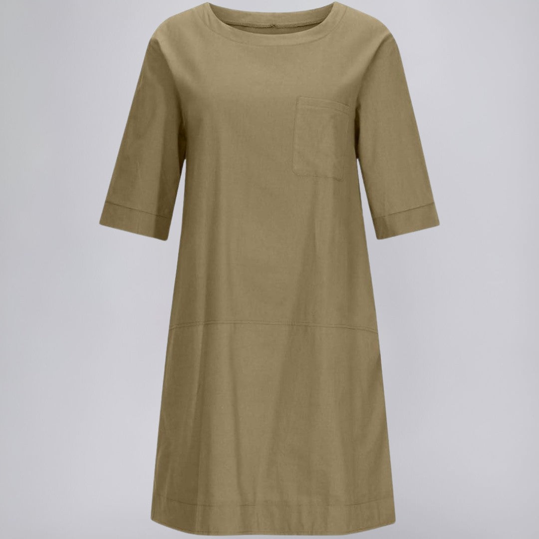 Knee-Length Linen Dress with Chest Pocket