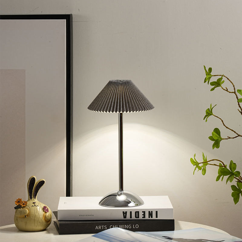 BowLift | Contemporary Scandinavian rechargeable iron fabric cone pleated LED table lamp for bedside
