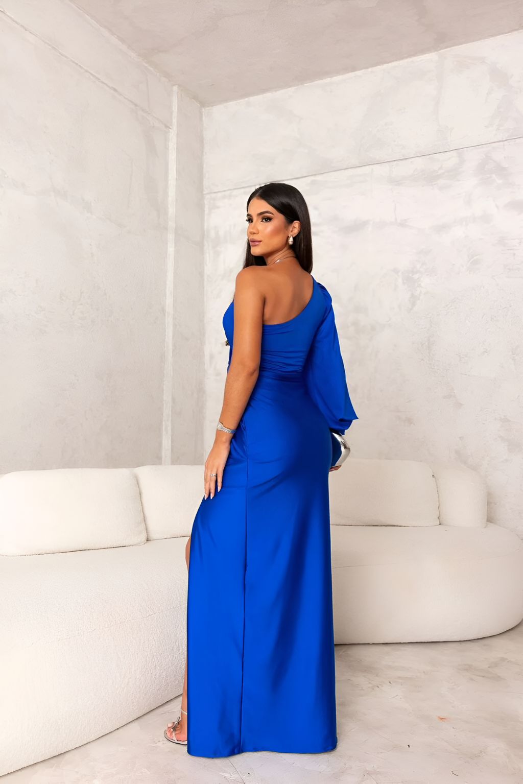 One-Shoulder Satin Evening Gown with High Slit