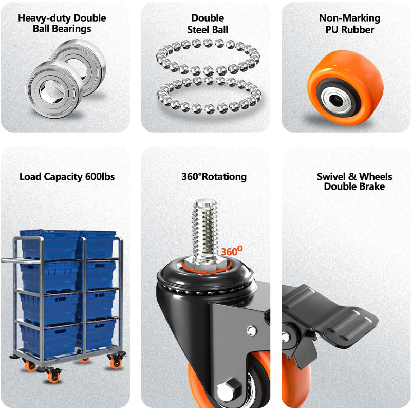BowLift | 2 Inch Heavy Duty Caster Wheels 150 lbs 4 Pack Threaded Stem Casters with Security Locking Brake