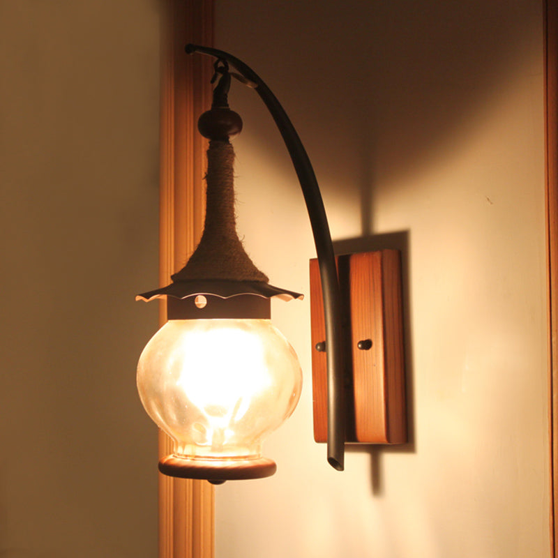 BowLift | Amber Scratched Glass Lantern Wall Light Rustic Single Light Wall Mounting for Indoor