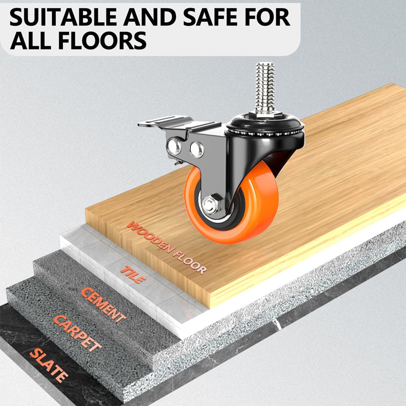 BowLift | 2 Inch Heavy Duty Caster Wheels 150 lbs 4 Pack Threaded Stem Casters with Security Locking Brake