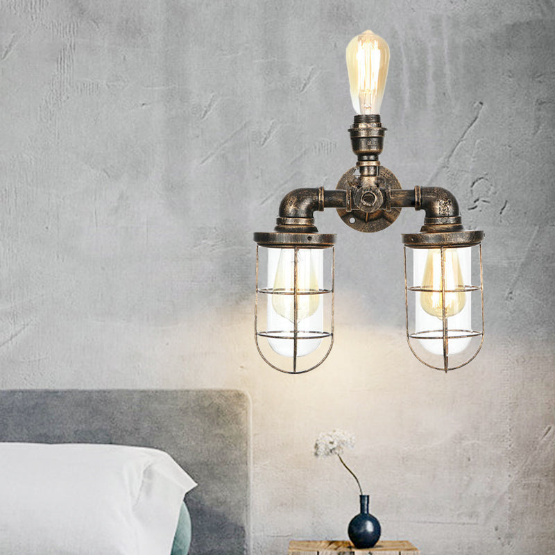 BowLift | 3 Heads Water Pipe Wall Mounted Light with Cage Shade Nautical Design Antique Brass Iron Wall Lighting