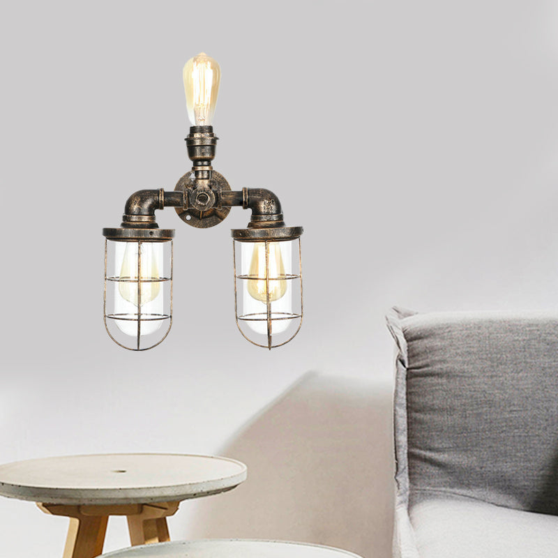 BowLift | 3 Heads Water Pipe Wall Mounted Light with Cage Shade Nautical Design Antique Brass Iron Wall Lighting