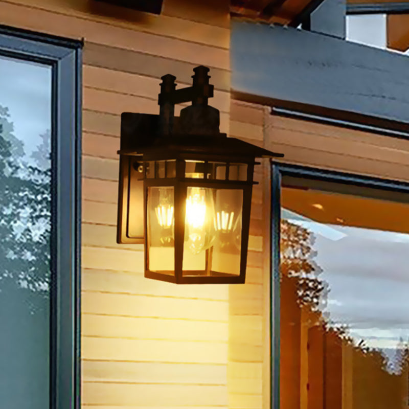 BowLift | Lantern Clear Glass Wall Hanging Lamp Industrial Single Bulb Veranda Wall Light in Black
