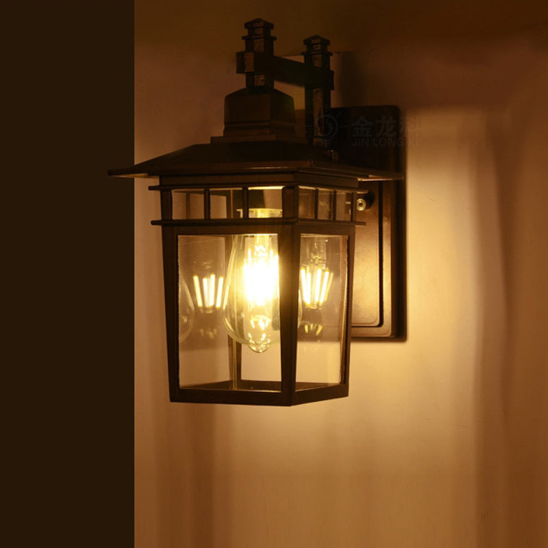 BowLift | Lantern Clear Glass Wall Hanging Lamp Industrial Single Bulb Veranda Wall Light in Black