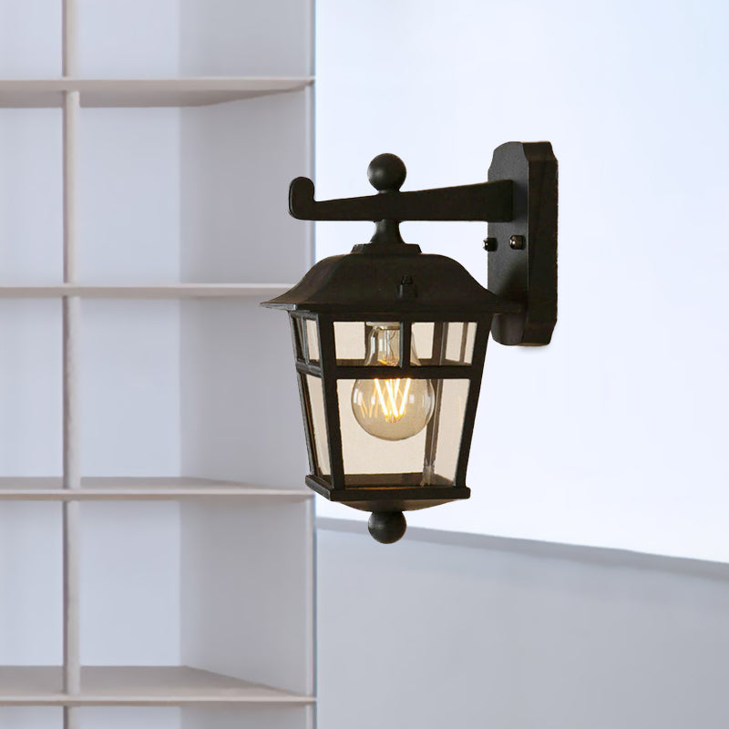 BowLift | Lantern Clear Glass Wall Hanging Lamp Industrial Single Bulb Veranda Wall Light in Black