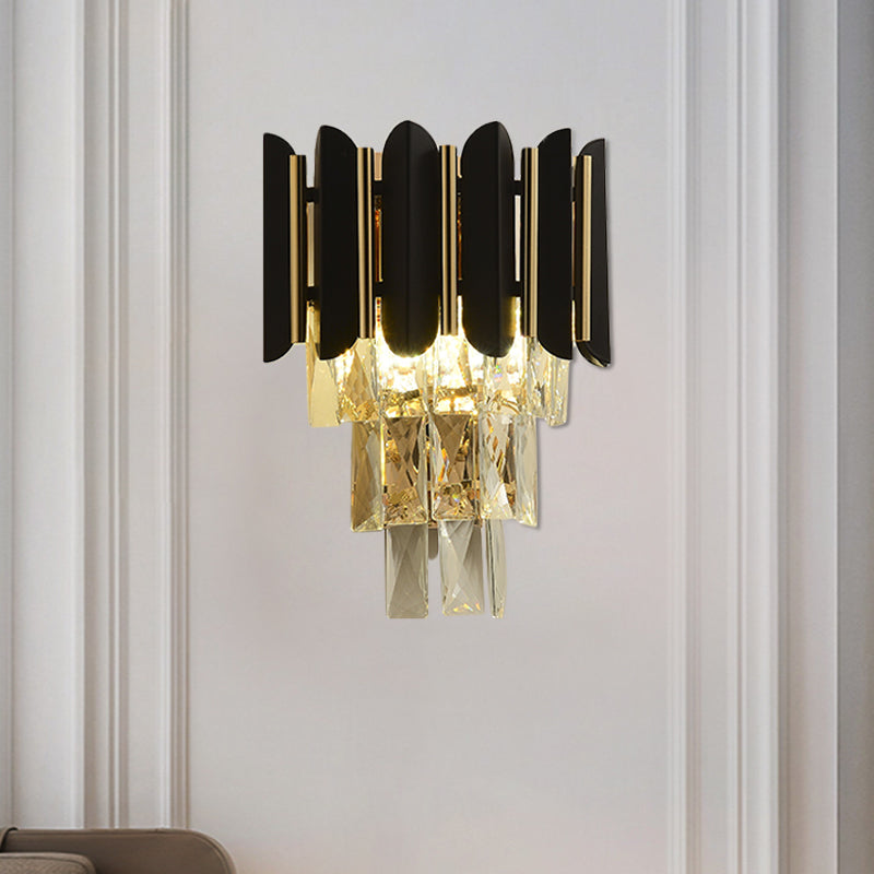 BowLift | Black Finish 2 Heads Wall Light Fixture Modern Clear Faceted Crystals Conical Flush Wall Sconce