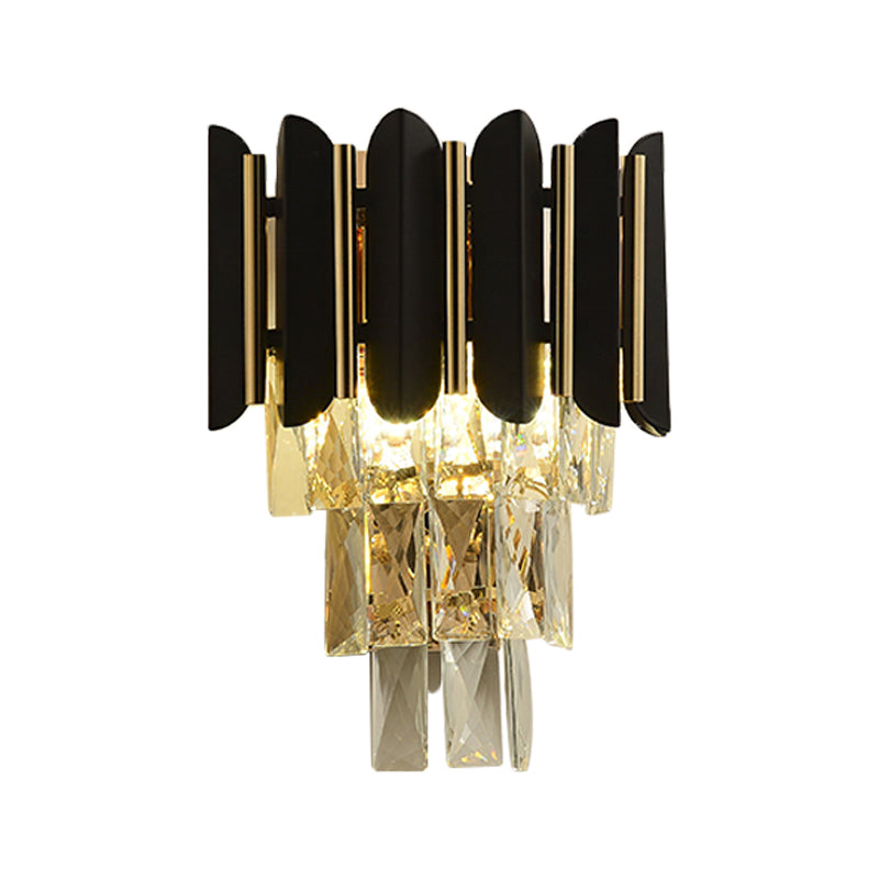 BowLift | Black Finish 2 Heads Wall Light Fixture Modern Clear Faceted Crystals Conical Flush Wall Sconce