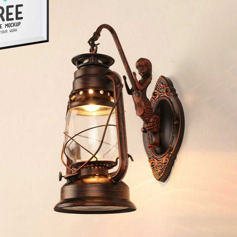 BowLift | One Bulb Wall Lamp with Lantern Shade Clear Glass Coast Bedroom Wall Lamp in Black/Antique Brass/Aged Copper with Mermaid