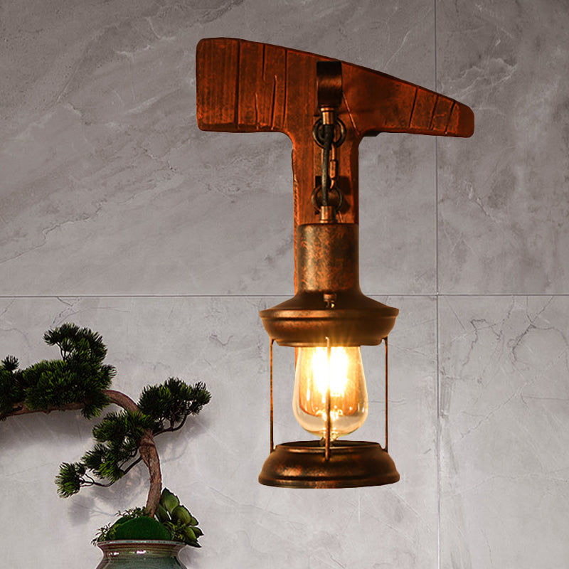 BowLift | Rust One-Light Wall Light Coastal Clear Glass Lantern Lighting Fixture with Wood Back Plate
