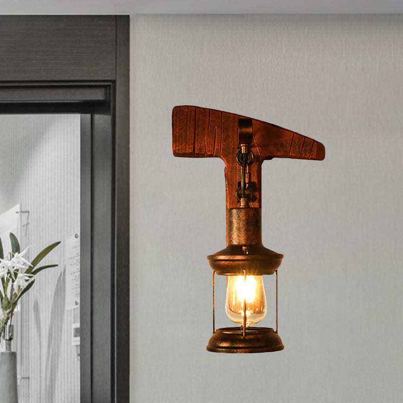 BowLift | Rust One-Light Wall Light Coastal Clear Glass Lantern Lighting Fixture with Wood Back Plate