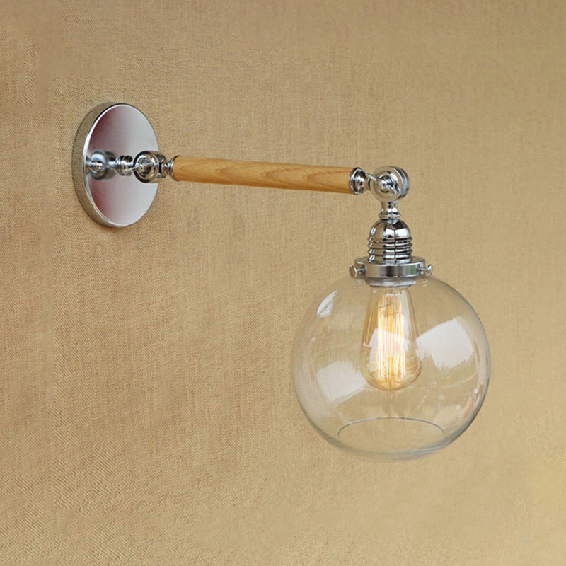 BowLift | Vintage Orb Wall Light Fixture 1 Lamp Clear Glass Wall Lamp in Chrome for Bathroom, 8"/4"/6" Wide Wooden Arm