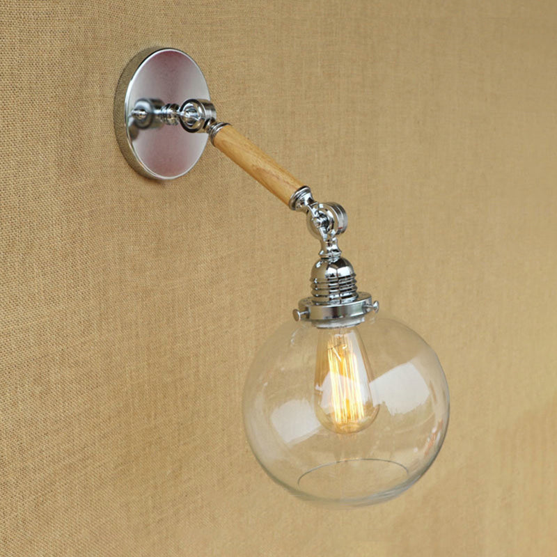 BowLift | Vintage Orb Wall Light Fixture 1 Lamp Clear Glass Wall Lamp in Chrome for Bathroom, 8"/4"/6" Wide Wooden Arm