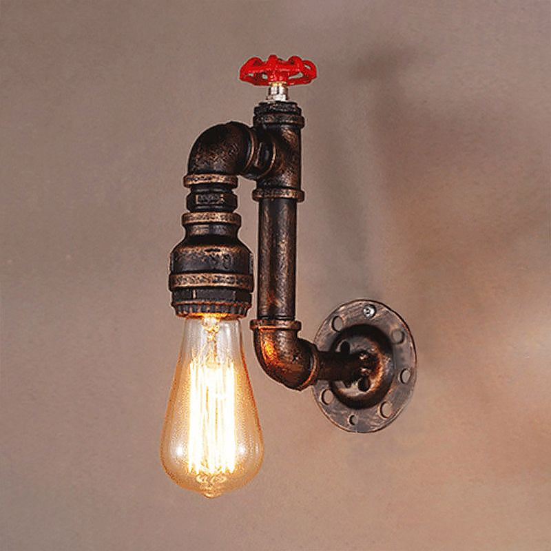 BowLift | Rustic Style Pipe Wall Sconce with Valve Wheel 1 Bulb Wrought Iron Wall Mounted Light in Bronze