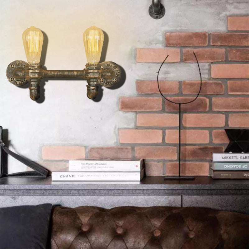 BowLift | Aged Brass 2 Lights Wall Sconce Light Rustic Industrial Wrought Iron Exposed Wall Mount Light