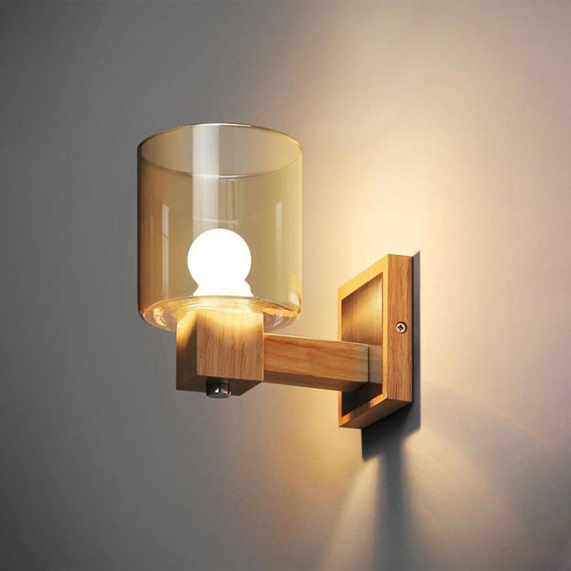 BowLift | Cognac Glass Cylinder Wall Lamp Nordic Style 1 Light Mini Wall Sconce Made of Wood