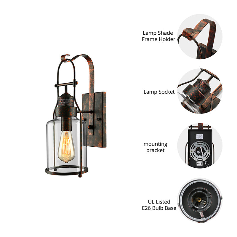 BowLift | Cylinder clear glass wall-mounted lamp industrial single bulb living room wall sconce in black/white/rust with cage