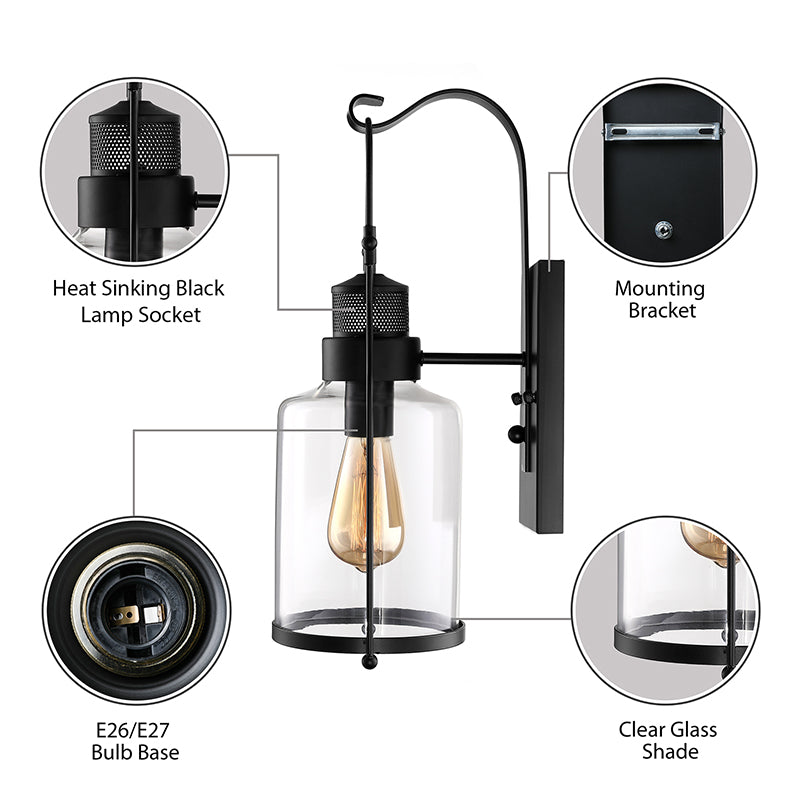 BowLift | Cylinder clear glass wall-mounted lamp industrial single bulb living room wall sconce in black/white/rust with cage