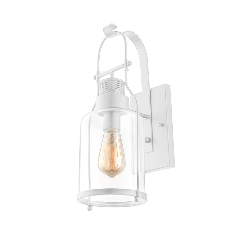 BowLift | Cylinder clear glass wall-mounted lamp industrial single bulb living room wall sconce in black/white/rust with cage