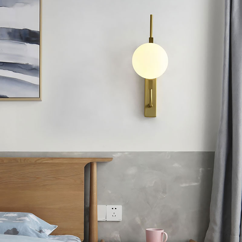 BowLift | LED Bedroom Wall Light with Spherical Smoky/White/Amber Glass Shade Modern Brass Wall Mount Light
