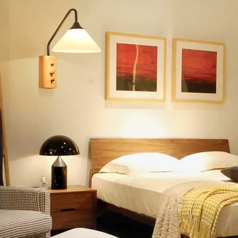 BowLift | Milk glass conical wall lamp dining room corridor 1 light modern wall light with wooden base