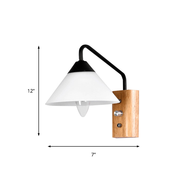 BowLift | Milk glass conical wall lamp dining room corridor 1 light modern wall light with wooden base