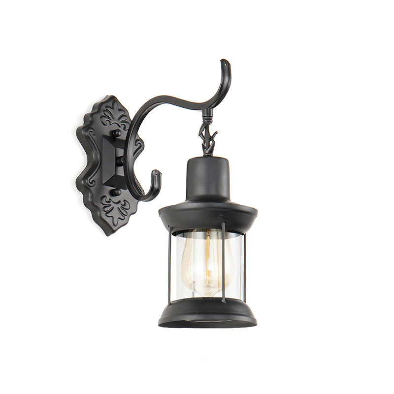 BowLift | Lantern Clear Glass Wall Mounted Lamp Vintage Single Bulb Outdoor Wall Light in Black with Carved Pattern