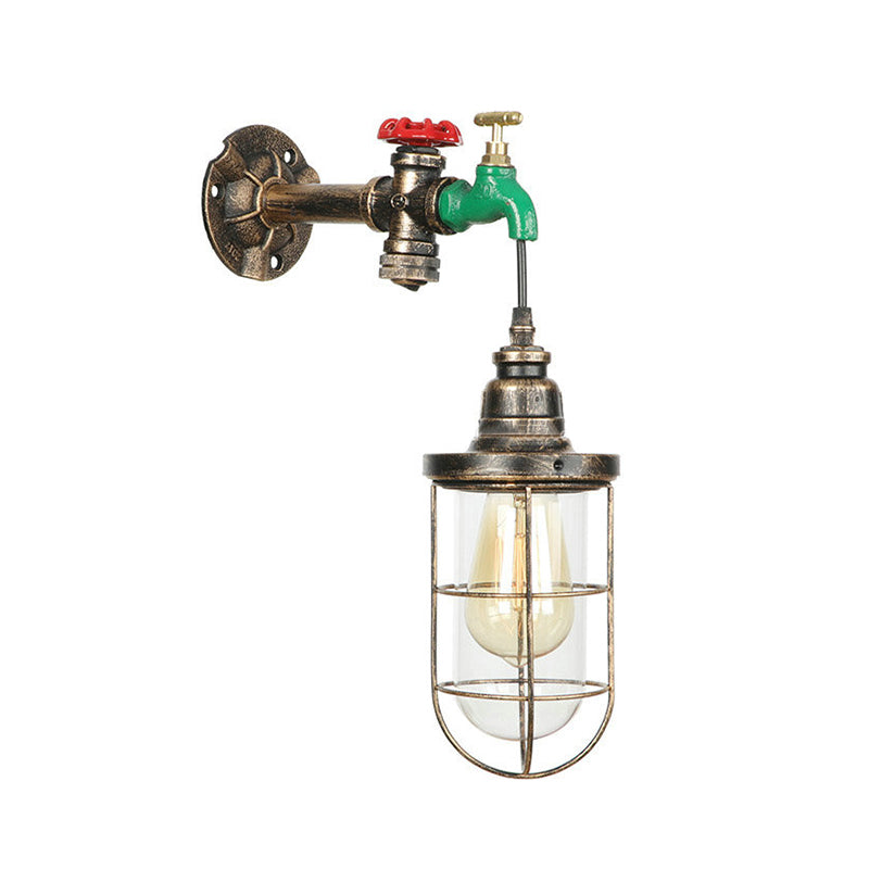 BowLift | Faucet Design Metal Wall Lamp Steampunk Style 1 Bulb Balcony Wall Light with Wire Protection in Antique Bronze