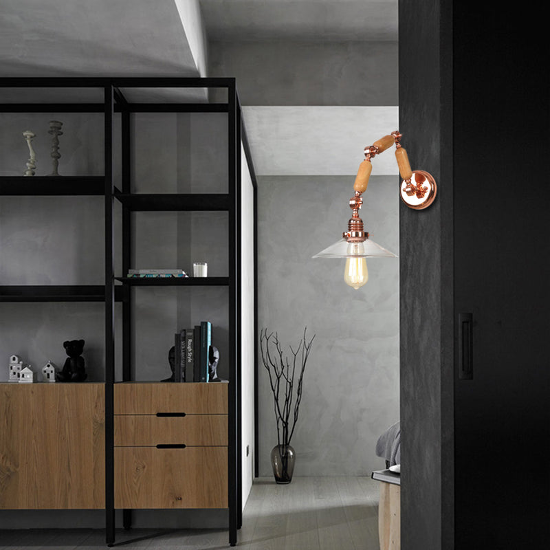 BowLift | Cone-shaped Clear Glass Wall Lamp Vintage Single Bulb Living Room Sconces Light in Rose Gold with Arm