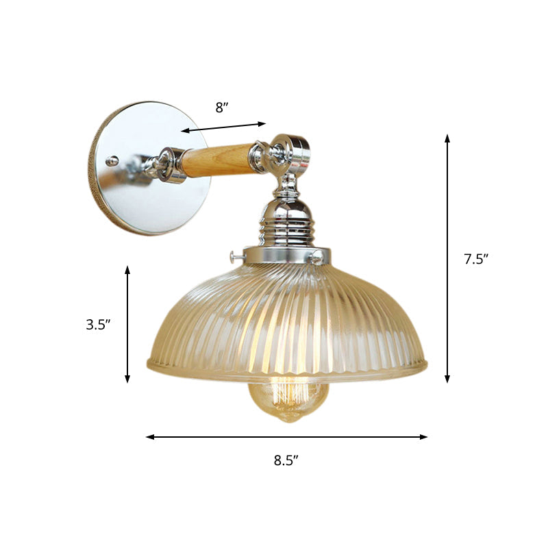 BowLift | Curved Living Room Wall Light Fixture Antique Stylish Ribbed Glass 1 Light Clear Wall Lamp for Hallway, 8"/4"/6" L Wooden Arm