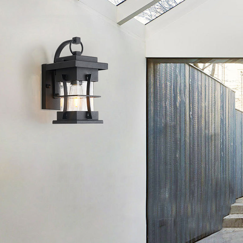BowLift | Clear Glass Black Wall Light Square/Rectangle 1-Light Coastal Wall Lamp Fixture with Iron Cage